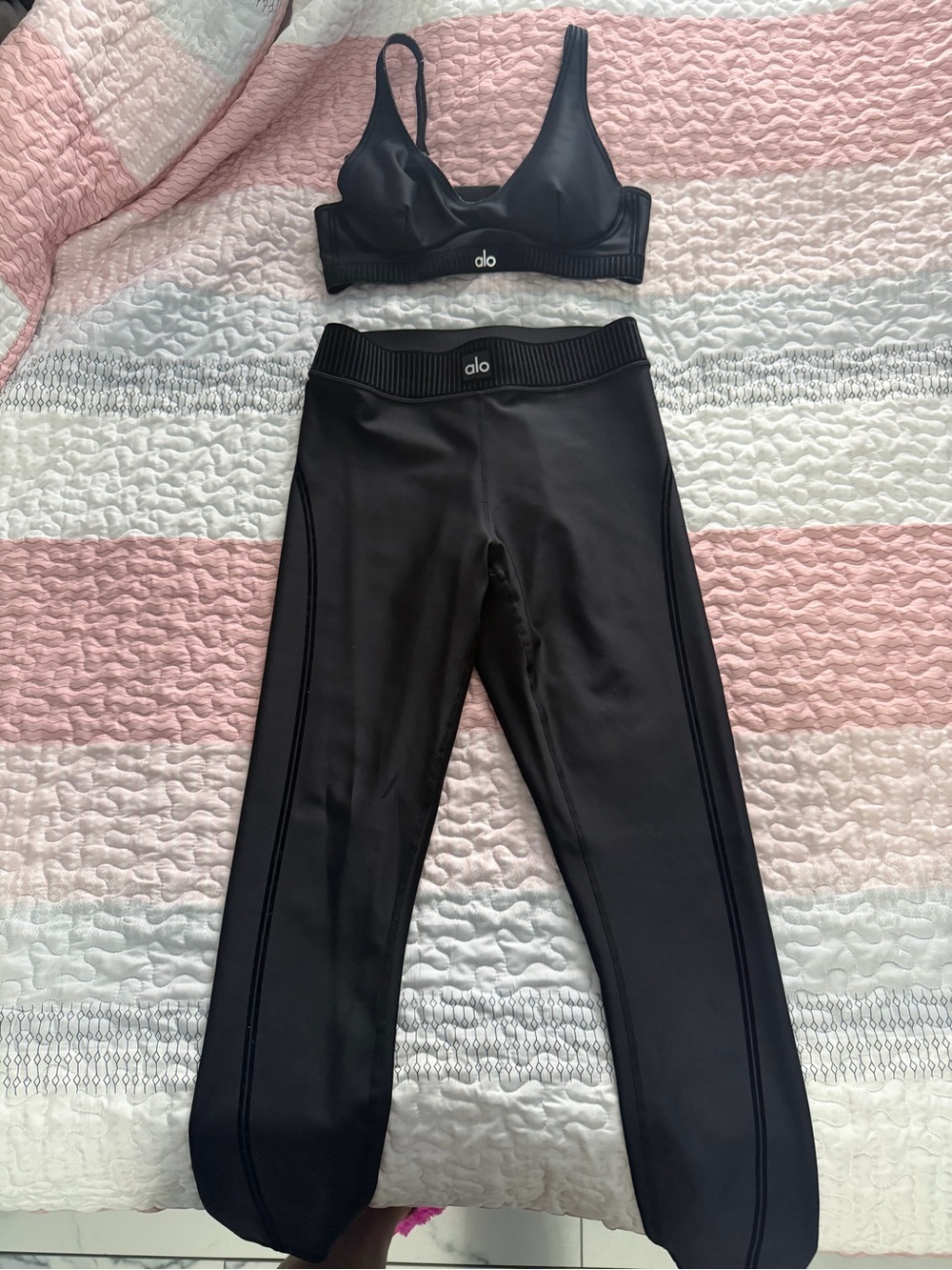 ALO Yoga Black Rib-Waist Leggings with Matching Bralette